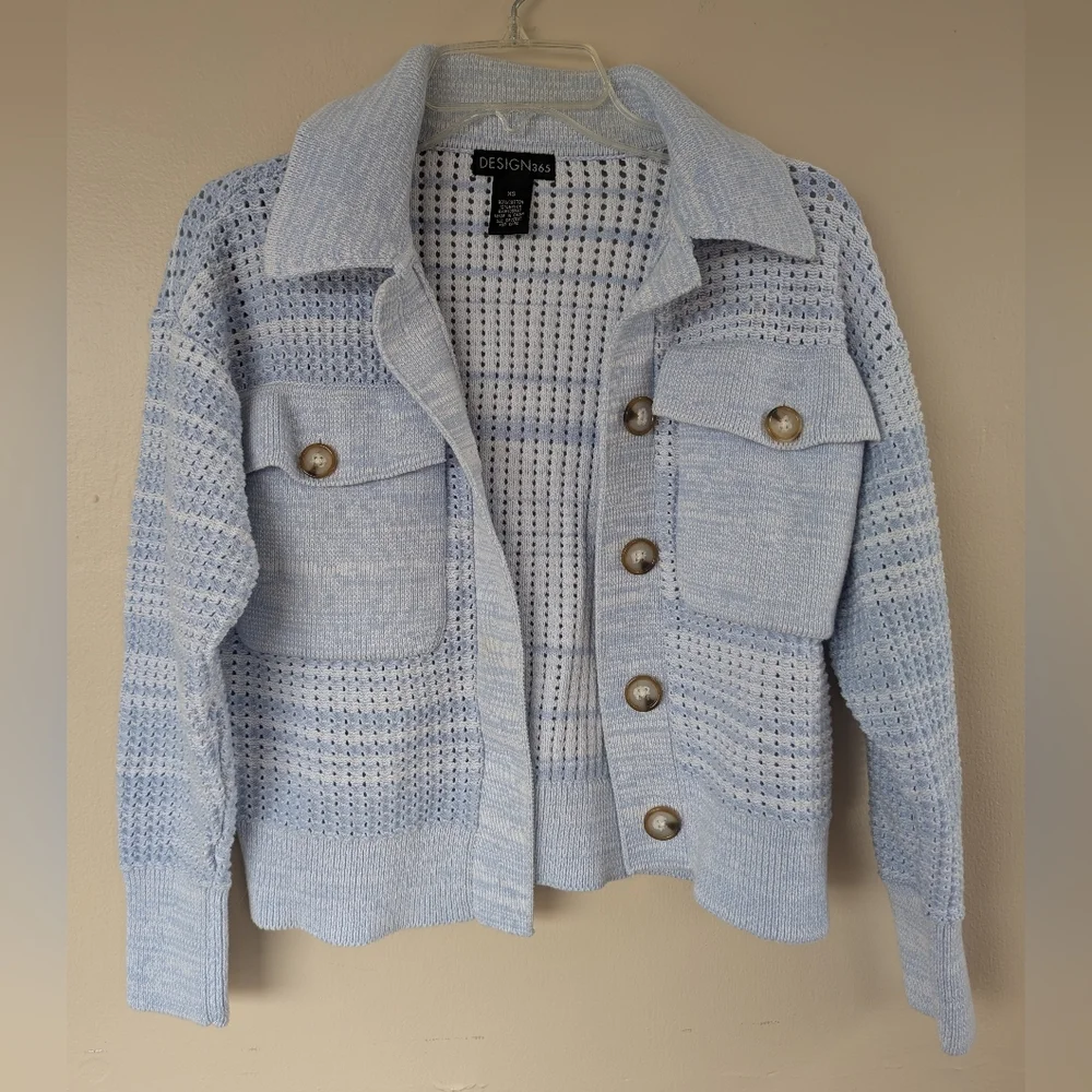 Design 365 Crocheted Knit Two Pocket Sweater Cardigan Coat Jacket, Blue (XS) - Picture 4 of 15
